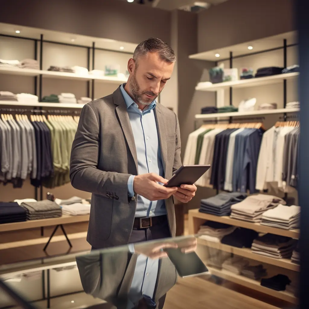 vendeur pret a porter en boutique avec un ipad